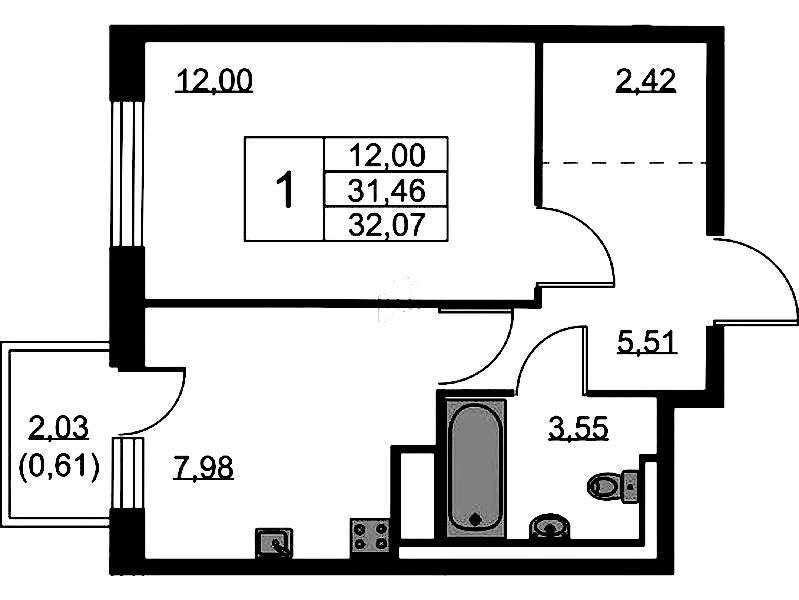 1-комнатная квартира 32.07 м², 5/9 эт., ЖК «Квартал Лаголово»